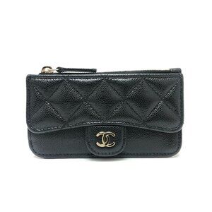 CHANEL Authentic Black Caviar Leather Logo Wallet
